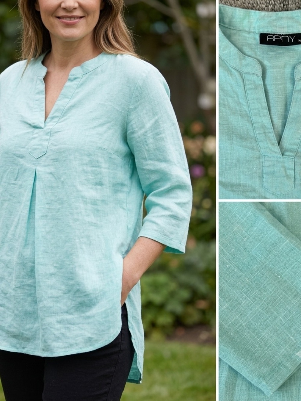 APNY Aqua Green Linen Blouse European Summer Old Money Quiet Luxury Women’s M